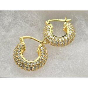 Gold Tone Diamond Earrings Chunky Hoop Leverbacks Elegant Pave Setting DH1387